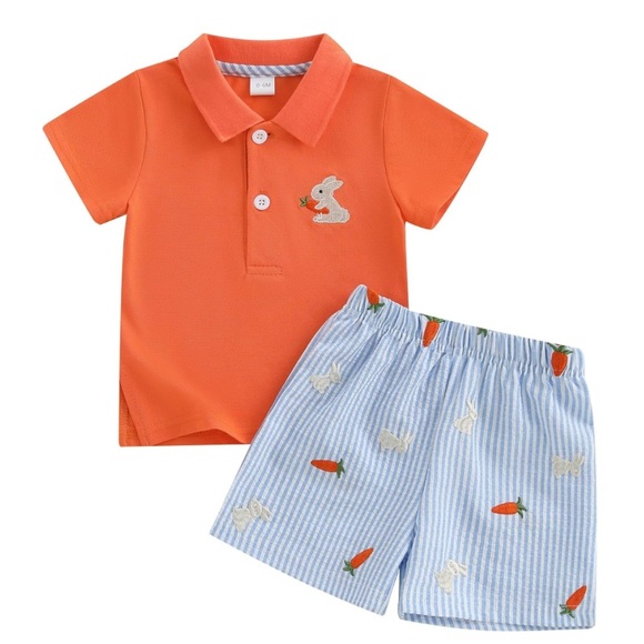 Other - NIP Orange Polo Shirt and Striped Bunny Carrot Shorts Set Size 12-18m